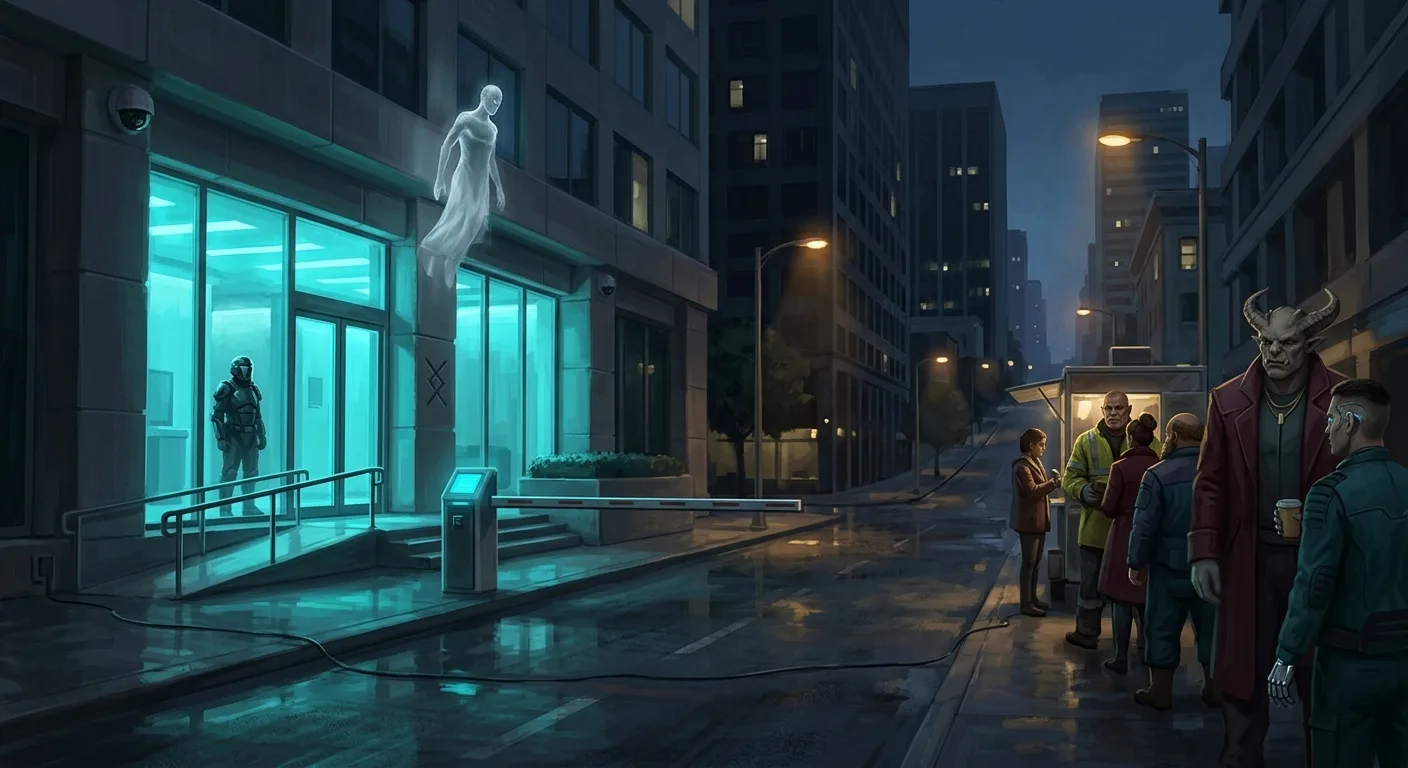 A maintained block on Bunker Hill: barrier, badge pylon, an armored guard behind the lobby glass, and the dark core going away downhill