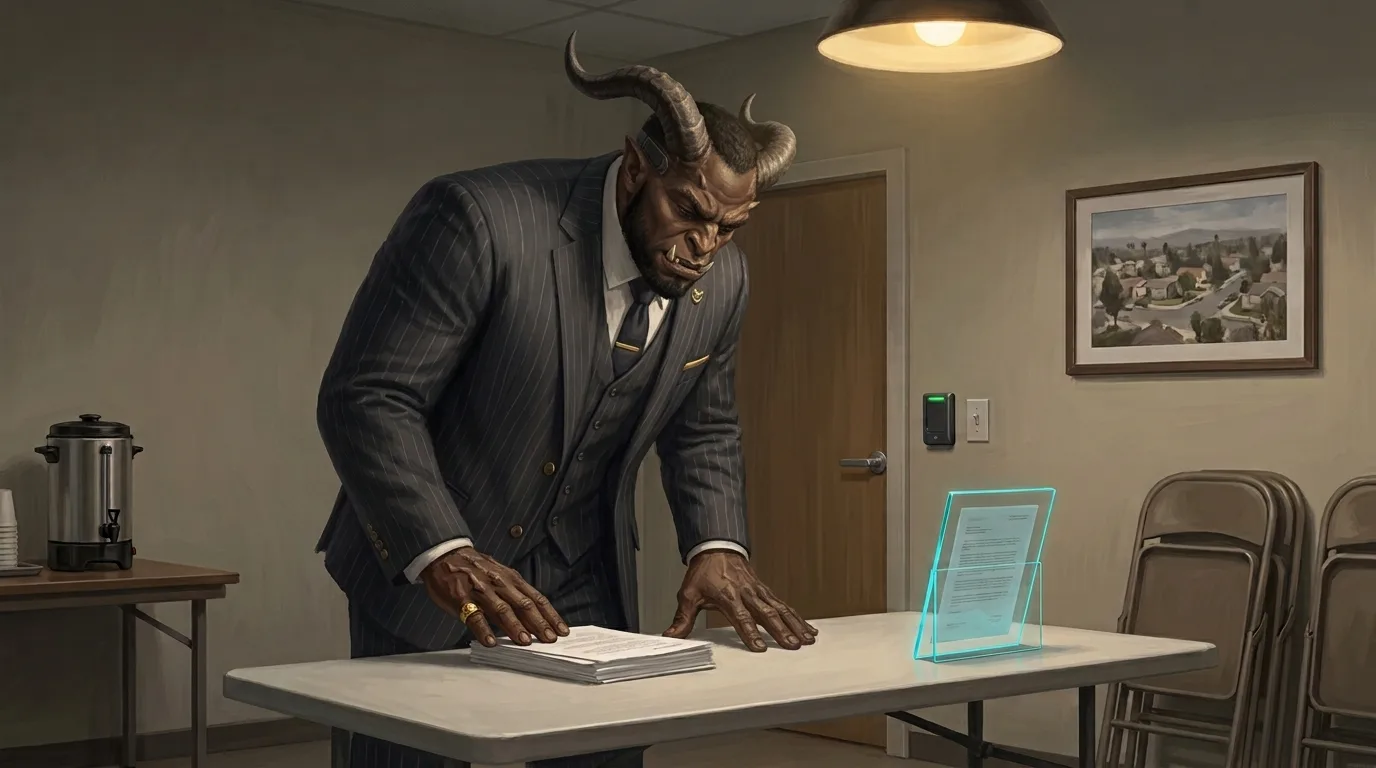 Odell Prentiss, a troll board member at a folding table