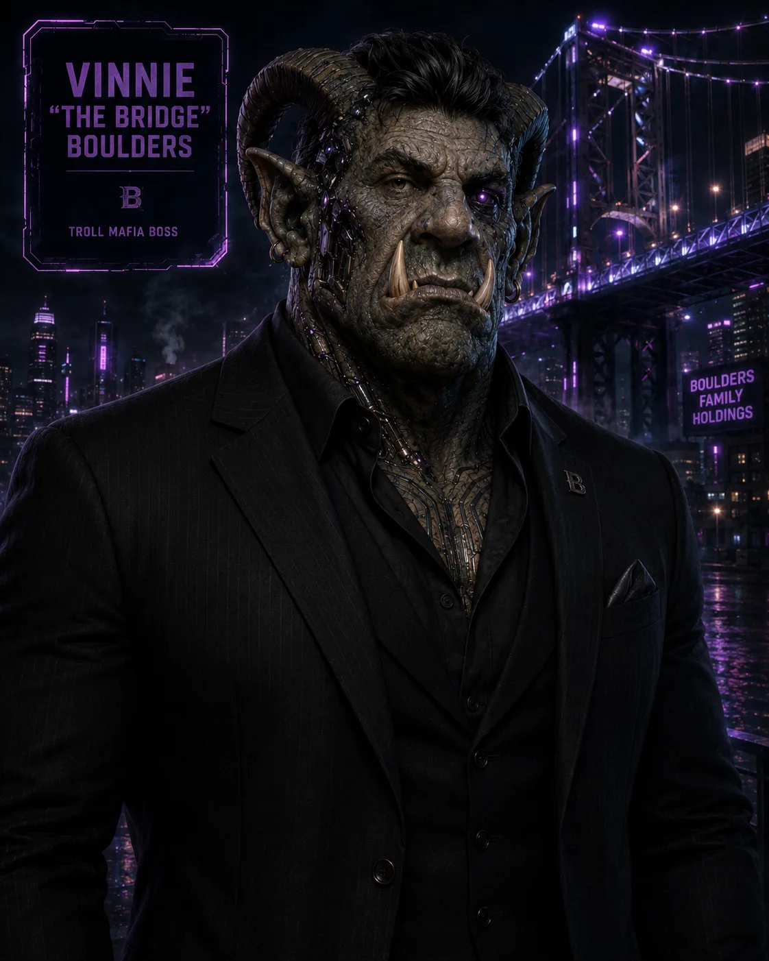 Vinnie "The Bridge" Boulders, a troll in a black three-piece suit, on a lit waterfront